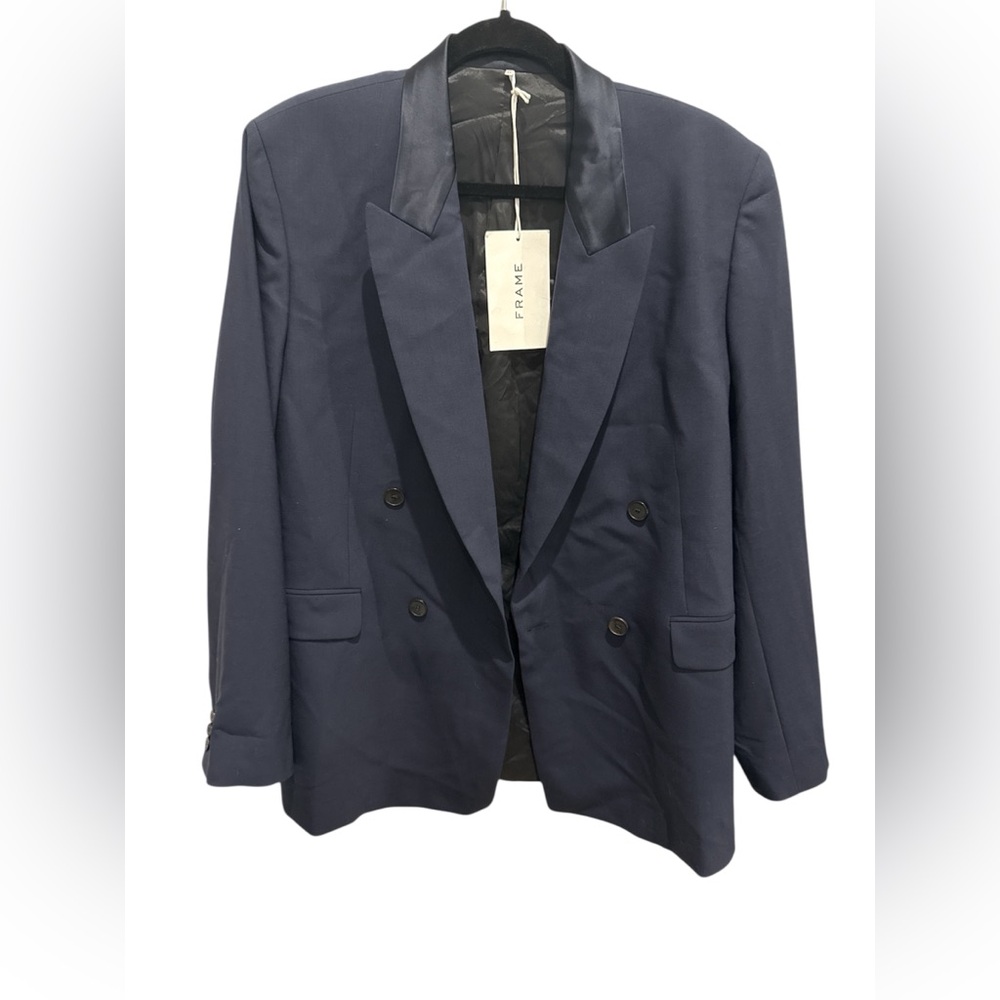 NWT FRAME Navy Double-Breasted Blazer with Satin Collar – Size M/L - Picture 7 of 12